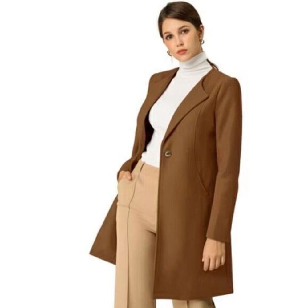 Allegra K Womens Small Coat Single Breasted One Button Long Outerwear Brown